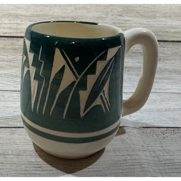 Other - Vintage Native American Teal Coffee Cup Carved Pottery Signed by Artist 15 oz